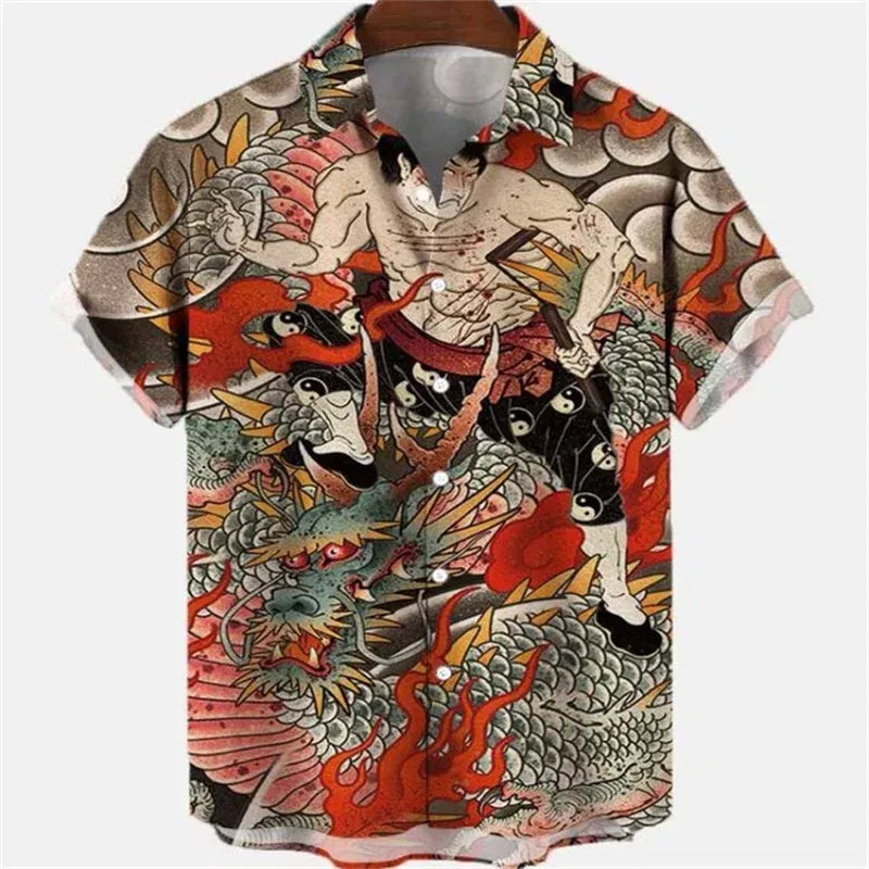 Summer Men's Dragon Pattern Element Shirt Social Casual Vintage Hawaiian Shirt