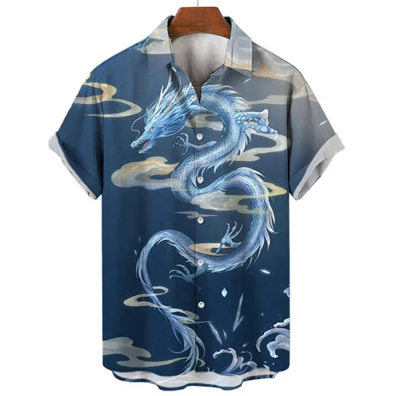 Summer Men's Dragon Pattern Element Shirt Social Casual Vintage Hawaiian Shirt