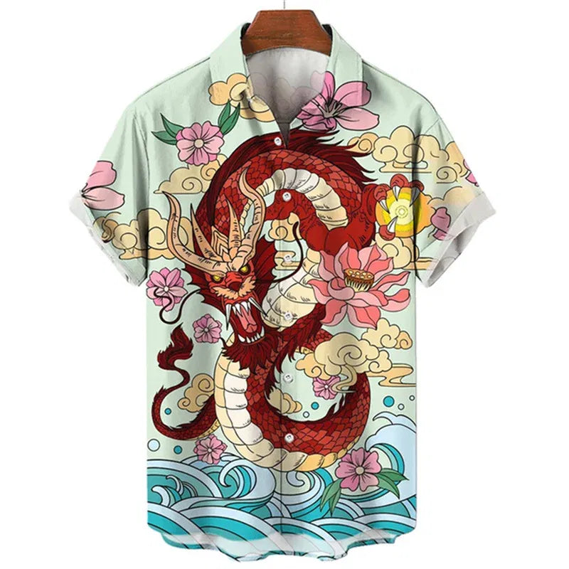 Summer Men's Dragon Pattern Element Shirt Social Casual Vintage Hawaiian Shirt