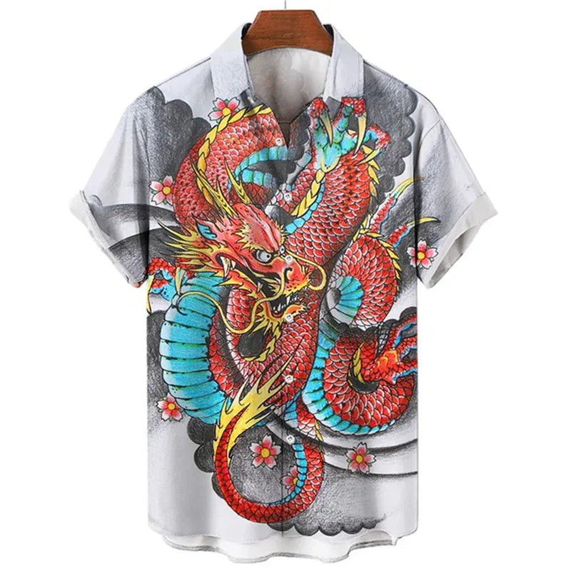 Summer Men's Dragon Pattern Element Shirt Social Casual Vintage Hawaiian Shirt
