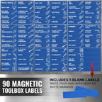 90 Pcs Magnetic Tool Box Labels 3.5x1 inch Blue Magnetic Toolbox Labels for Tool Box Drawers Strong Magnet Toolbox Organizer Chest Pre Printed & Blanked Emblems for Organization Toolbox Emblems