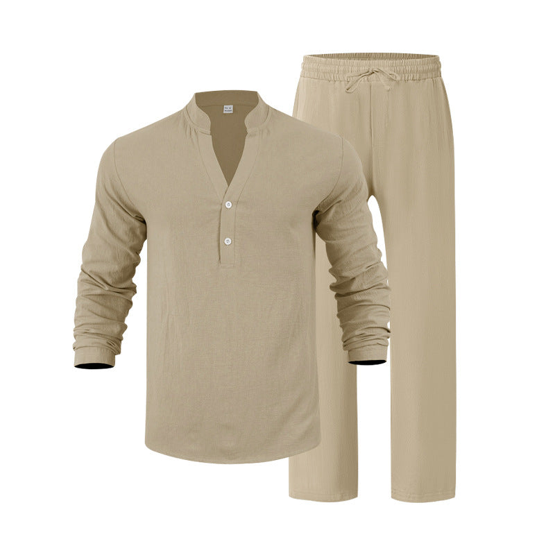 Mens Loose-Fit Long-sleeved Suit Casual Breathable V-Neck Henley Shirt