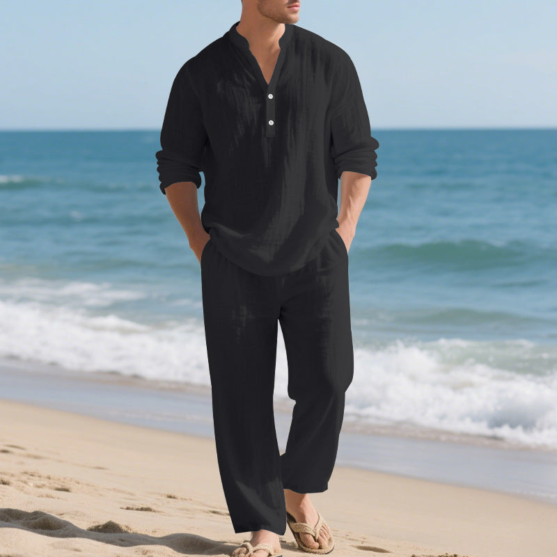 Mens Loose-Fit Long-sleeved Suit Casual Breathable V-Neck Henley Shirt