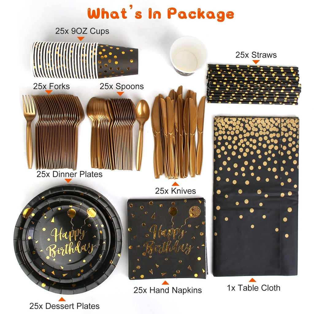 201PCS Black Gold Birthday Party Supplies For 25 Guests Happy Birthday Disposable Dinnerware Set