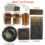 201PCS Black Gold Birthday Party Supplies For 25 Guests Happy Birthday Disposable Dinnerware Set