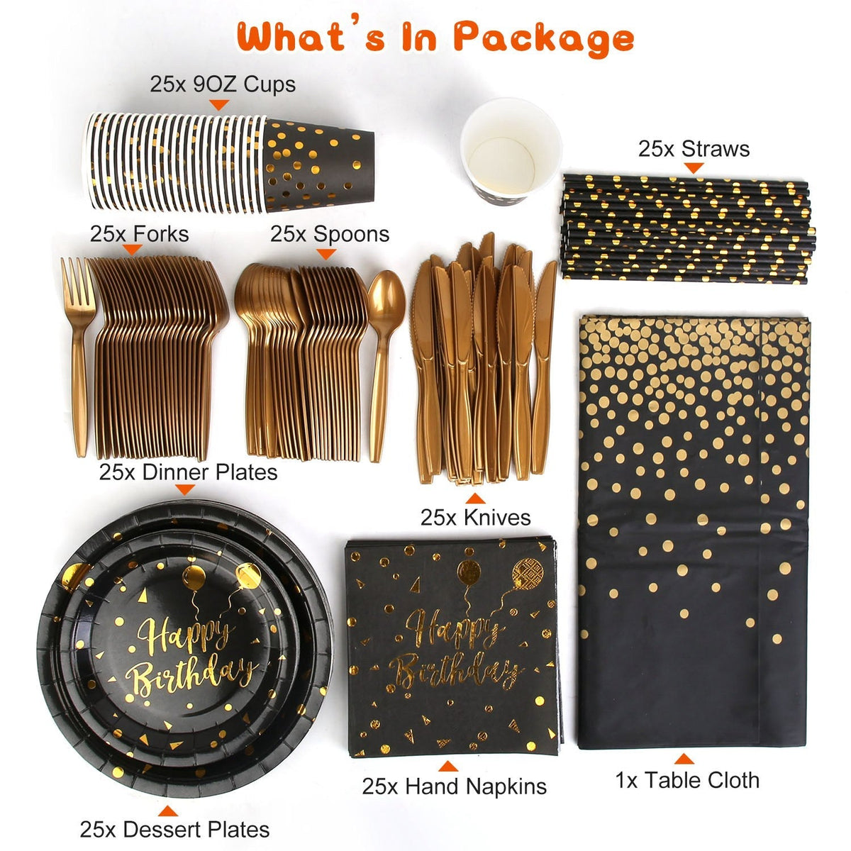 201PCS Black Gold Birthday Party Supplies For 25 Guests Happy Birthday Disposable Dinnerware Set