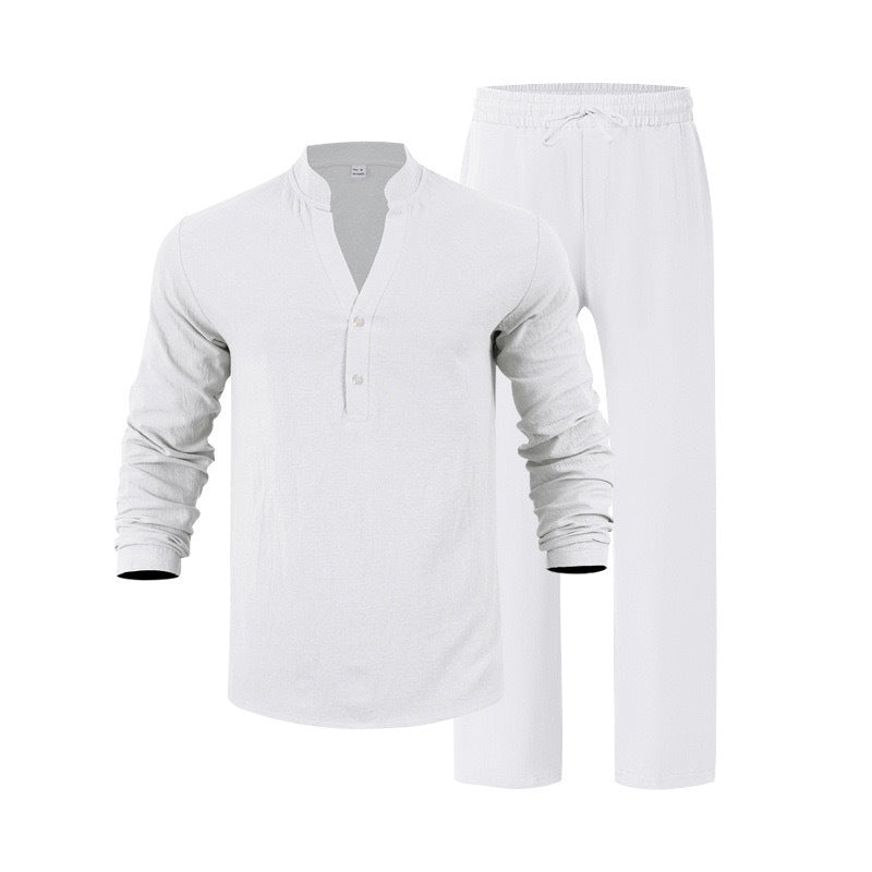 Mens Loose-Fit Long-sleeved Suit Casual Breathable V-Neck Henley Shirt