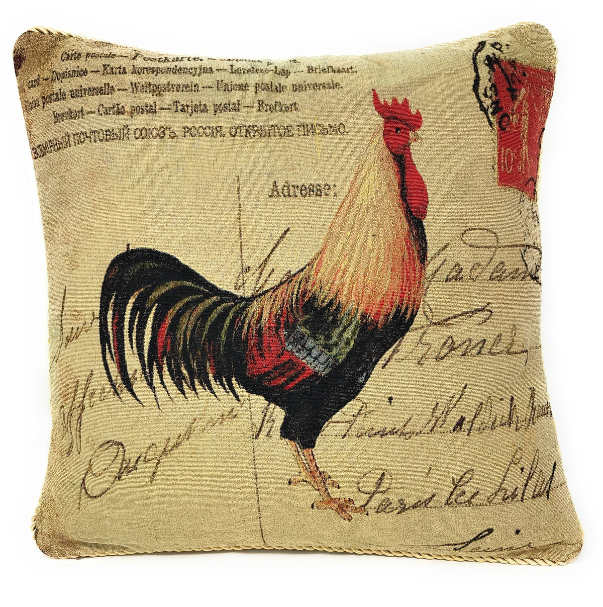 Tache Rooster Postcard European Farmhouse Cottage Vintage Tapestry Woven Throw Pillow Cover (15051)