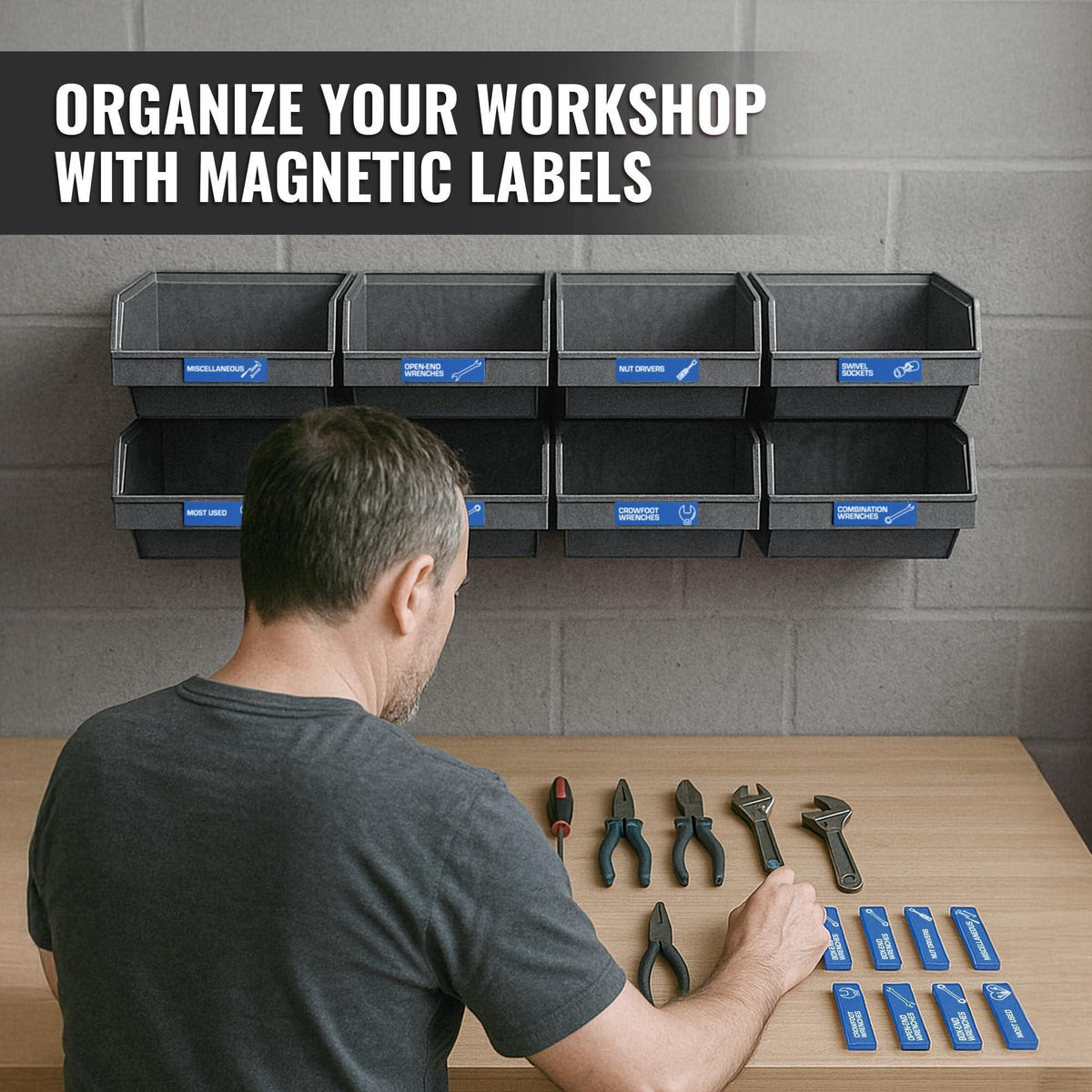 90 Pcs Magnetic Tool Box Labels 3.5x1 inch Blue Magnetic Toolbox Labels for Tool Box Drawers Strong Magnet Toolbox Organizer Chest Pre Printed & Blanked Emblems for Organization Toolbox Emblems