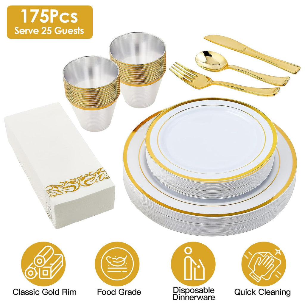 175Pcs Disposable Gold Dinnerware Set