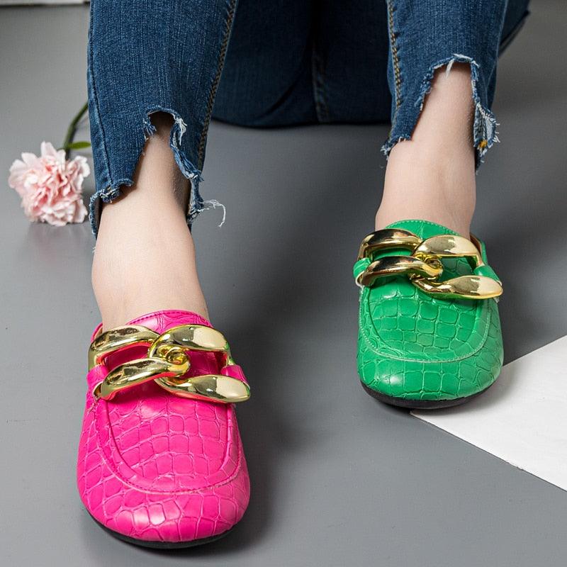 Gold Chain Women Slipper Closed Toe Slip On Mules Shoes