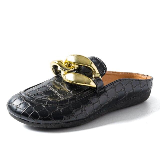 Gold Chain Women Slipper Closed Toe Slip On Mules Shoes