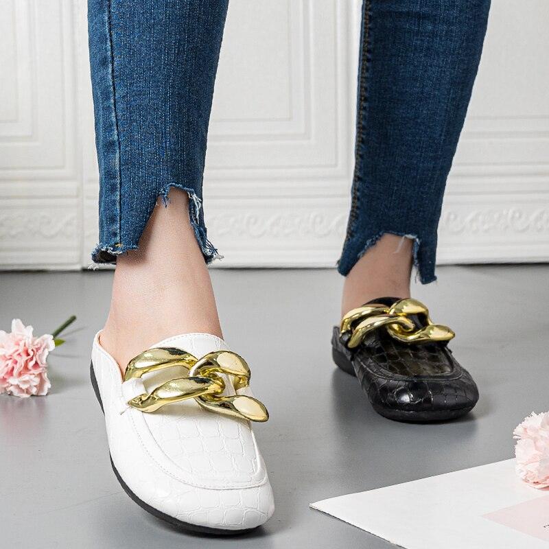 Gold Chain Women Slipper Closed Toe Slip On Mules Shoes