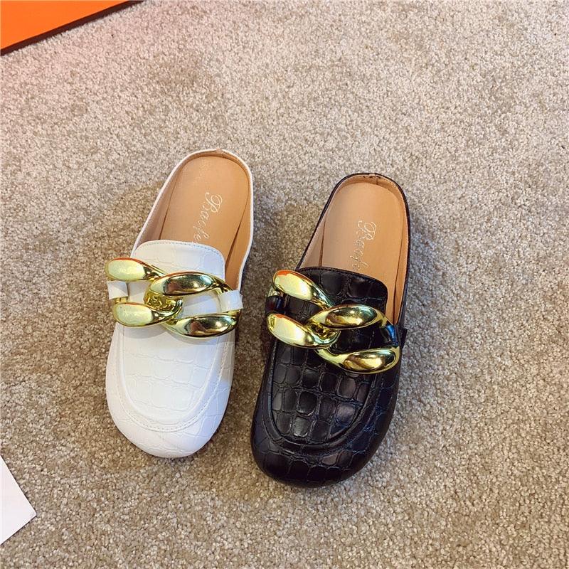 Gold Chain Women Slipper Closed Toe Slip On Mules Shoes