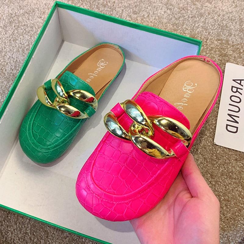 Gold Chain Women Slipper Closed Toe Slip On Mules Shoes