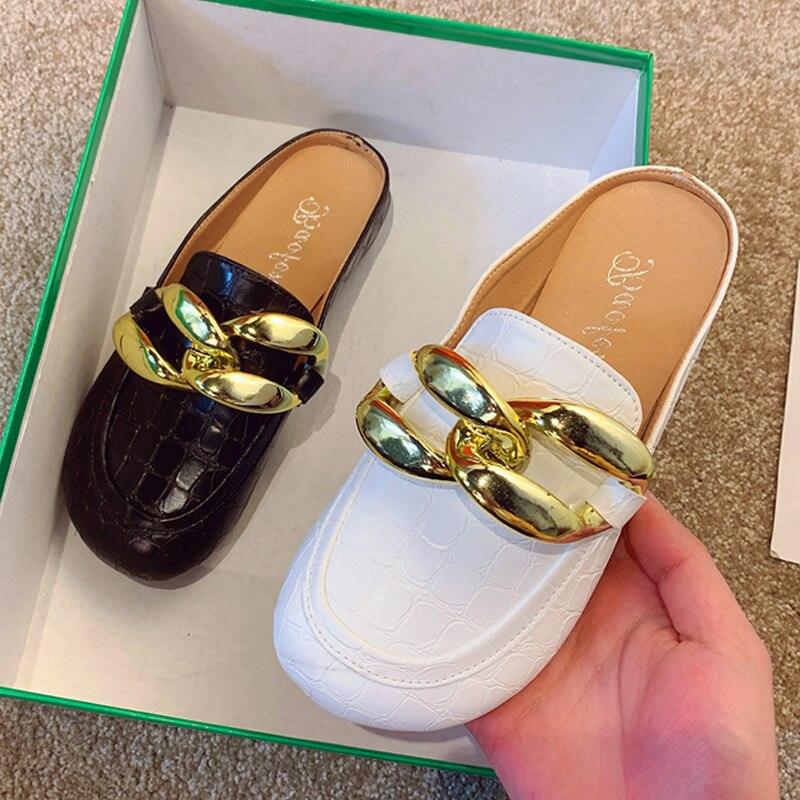 Gold Chain Women Slipper Closed Toe Slip On Mules Shoes