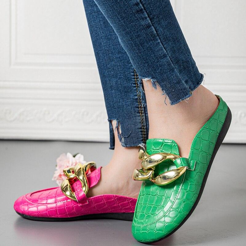 Gold Chain Women Slipper Closed Toe Slip On Mules Shoes
