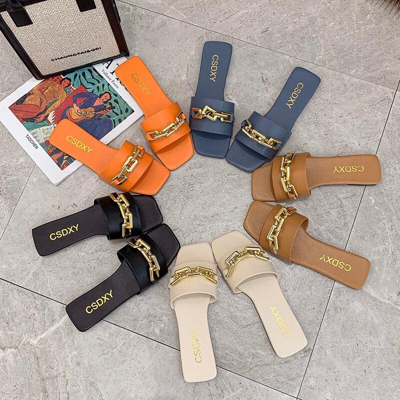 Women Sandals Design Gold Chain Closed Toe Slip On Mules Shoes